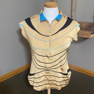Jamie sadock gold, blue & black 1/2 zip cap sleeve top size M